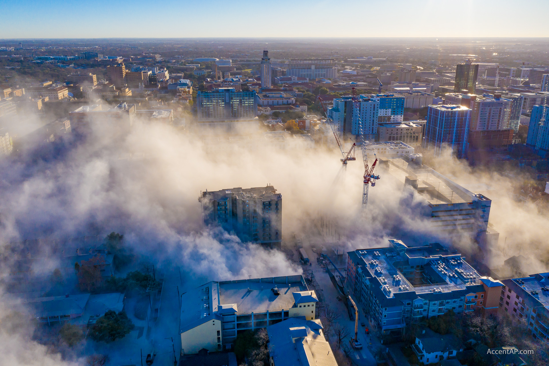 Aerial photography of building implosion Texas