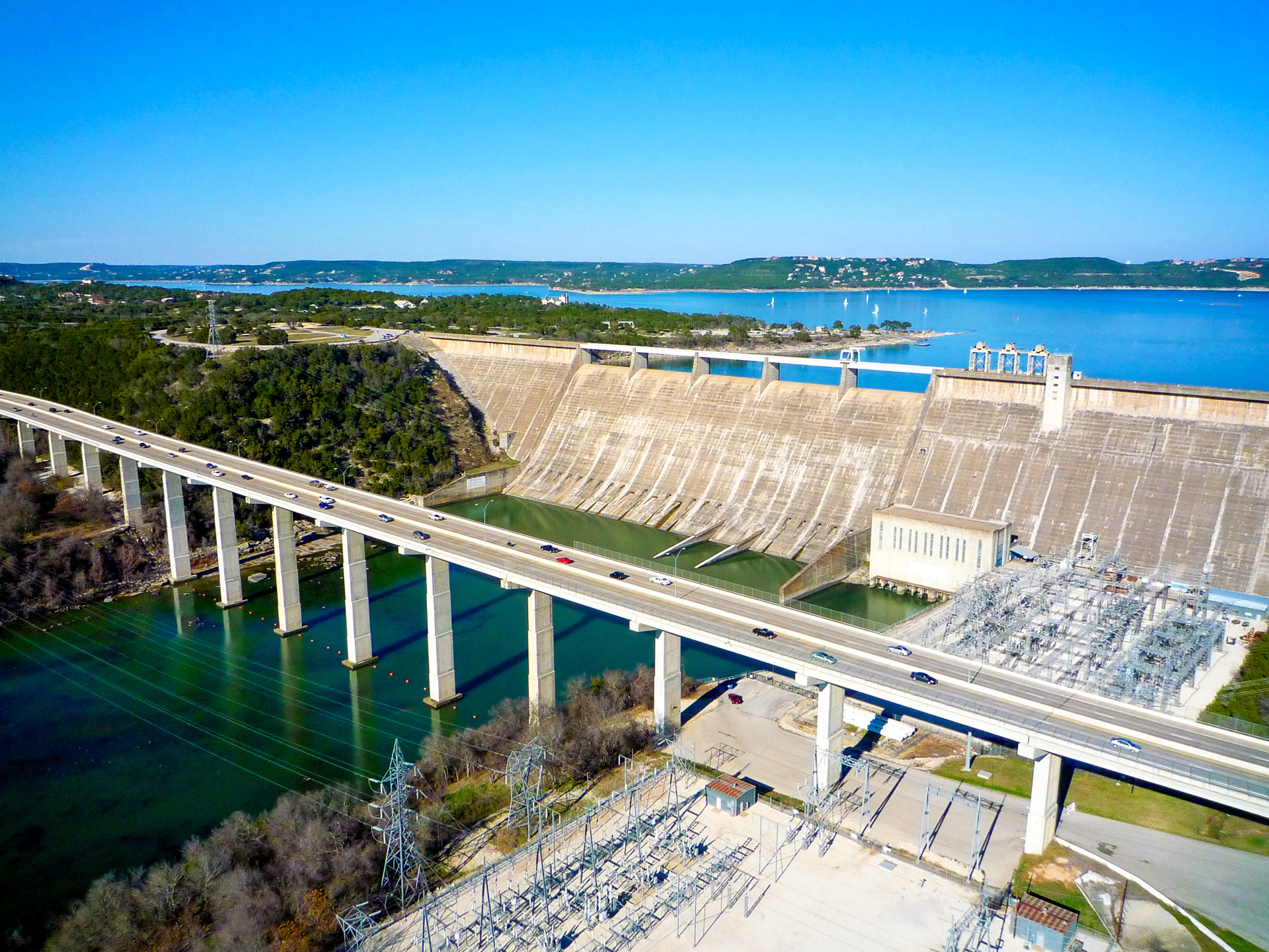 Aerial drone photography of dam Central Texas