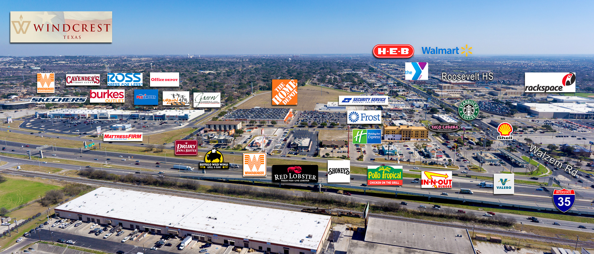 Windcrest business restaurant district aerial photography Texas